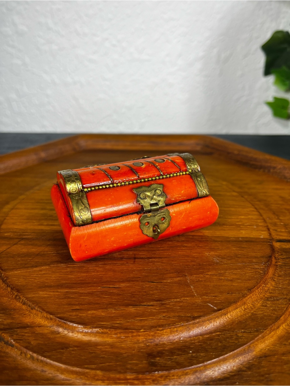 Vintage Orange Trinket Box with Brass Accents - Vintage